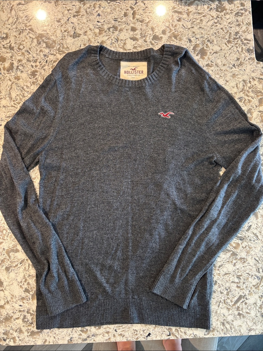 Hollister Men’s Charcoal Gray Crewneck Sweater with Red Logo